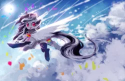 Size: 2600x1682 | Tagged: safe, artist:aquagalaxy, derpibooru import, oc, unofficial characters only, pony, unicorn, artificial wings, augmented, cloud, cloudy, flying, image, magic, magic wings, png, solo, wings