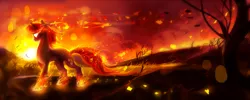Size: 3000x1199 | Tagged: safe, artist:aquagalaxy, derpibooru import, oc, unofficial characters only, pony, unicorn, fire, glow, glowing eyes, image, png, scenery, solo