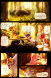 Size: 3000x4561 | Tagged: safe, artist:aquagalaxy, derpibooru import, applejack, fluttershy, pinkie pie, rainbow dash, rarity, earth pony, pegasus, pony, unicorn, comic:a forgotten tragedy, alternate hairstyle, comic, forest, high res, image, png, tree