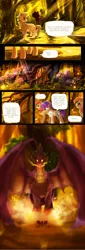 Size: 3000x8800 | Tagged: safe, artist:aquagalaxy, derpibooru import, applejack, fluttershy, rarity, spike, dragon, earth pony, pony, unicorn, comic:a forgotten tragedy, alternate hairstyle, comic, forest, high res, image, png, size difference, spikezilla, tree, winged spike, winged spikezilla, wingless, wings
