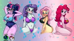 Size: 2661x1500 | Tagged: suggestive, artist:gansoman, artist:joruze, derpibooru import, fluttershy, pinkie pie, rarity, sci-twi, twilight sparkle, equestria girls, big breasts, breasts, busty fluttershy, busty pinkie pie, busty rarity, busty sci-twi, butt, clothes, eyebrows, eyebrows visible through hair, female, females only, fluttershy's one-piece swimsuit, grin, group, huge butt, image, jpeg, large butt, looking at you, one-piece swimsuit, quartet, rarity's beach shorts swimsuit, signature, smiling, smiling at you, swimsuit