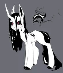 Size: 639x733 | Tagged: semi-grimdark, artist:vincher, derpibooru import, oc, oc:nebee(tenebris), monster pony, unicorn, black saliva, black sclera, black tongue, cloven hooves, colored sketch, creepy, crooked horn, dripping, fangs, horn, image, male, male oc, multiple eyes, open mouth, png, scar, slime, tail, unknown species, wet, wet mane, wet tail, white coat