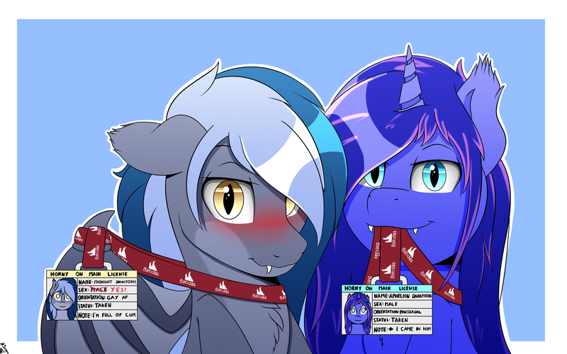 Size: 4000x2500 | Tagged: suggestive, artist:h3nger, derpibooru import, oc, oc:aphelion darkmoon, oc:midnight snowstorm, bat pony, pony, unicorn, blushing, horny on main, image, male, png, smiling, smirk, stallion