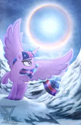 Size: 1992x3077 | Tagged: safe, artist:theretroart88, derpibooru import, twilight sparkle, twilight sparkle (alicorn), alicorn, pony, crepuscular rays, female, image, looking back, mare, mountain, paint tool sai, png, snow, spread wings, sun, watermark, wings