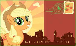 Size: 844x520 | Tagged: safe, applejack, earth pony, pony, blonde mane, blonde tail, cowboy hat, cutie mark, female, freckles, friendship celebration, green eyes, grin, hat, image, looking at you, mare, orange coat, png, postcard, silhouette, smiling, smiling at you, solo, stamp, town