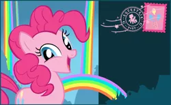 Size: 844x520 | Tagged: safe, pinkie pie, earth pony, pony, blue eyes, cutie mark, female, friendship celebration, image, looking at you, mare, open smile, pink mane, pink tail, png, postcard, silhouette, smiling, smiling at you, solo, stamp