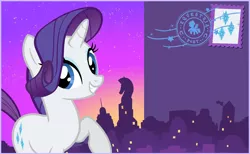 Size: 844x520 | Tagged: safe, rarity, pony, unicorn, blue eyes, blue eyeshadow, cutie mark, eyeshadow, female, friendship celebration, grin, image, looking at you, makeup, mare, night, night sky, png, postcard, purple mane, purple tail, raised hoof, silhouette, sky, smiling, smiling at you, solo, stamp, town, white coat