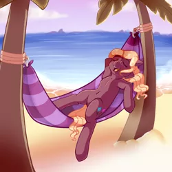 Size: 1024x1024 | Tagged: safe, artist:maeveadair, derpibooru import, oc, oc:raika, unofficial characters only, earth pony, pony, beach, eyes closed, female, hammock, hooves behind head, image, lying down, mare, on back, open mouth, palm tree, png, reclining, smiling, solo, tree