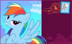 Size: 844x520 | Tagged: safe, rainbow dash, pegasus, pony, bedroom eyes, blue coat, cloudsdale, female, friendship celebration, grin, image, looking at you, mare, multicolored mane, multicolored tail, pink eyes, png, postcard, silhouette, smiling, smiling at you, solo, spread wings, stamp, wings
