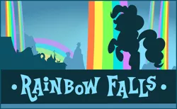 Size: 844x520 | Tagged: safe, pinkie pie, earth pony, pony, rainbow falls, female, friendship celebration, image, mare, open smile, png, postcard, prancing, rainbow, rainbow background, side view, silhouette, solo, text