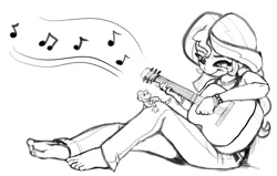 Size: 3653x2330 | Tagged: safe, artist:lummh, derpibooru import, ray, sunset shimmer, gecko, human, lizard, equestria girls, acoustic guitar, barefoot, feet, guitar, image, jpeg, missing shoes, music, music notes, musical instrument, solo
