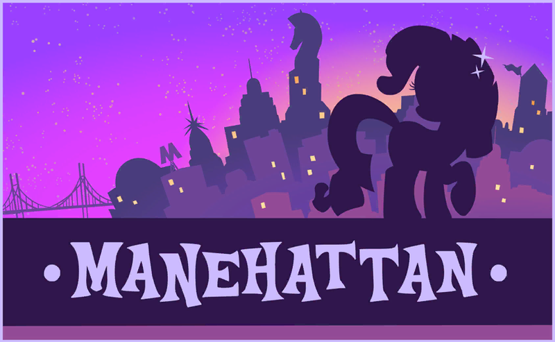 Size: 844x520 | Tagged: safe, rarity, pony, unicorn, female, friendship celebration, image, looking back, manehattan, mare, png, postcard, raised hoof, silhouette, solo, sparkles, text