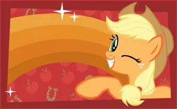 Size: 844x520 | Tagged: safe, applejack, earth pony, pony, apple, blonde mane, blonde tail, cowboy hat, female, food, freckles, friendship celebration, green eyes, grin, hat, horseshoes, image, looking at you, mare, one eye closed, orange coat, png, postcard, smiling, solo, sparkles, wide smile, wink, winking at you