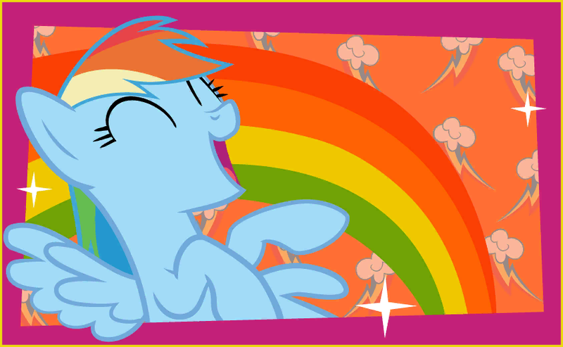 Size: 844x520 | Tagged: safe, rainbow dash, earth pony, pegasus, pony, blue coat, cutie mark, cutie mark background, eyes closed, female, friendship celebration, image, laughing, mare, multicolored mane, multicolored tail, open smile, png, postcard, rainbow, rainbow background, raised hoof, raised hooves, smiling, solo, spread wings, wings