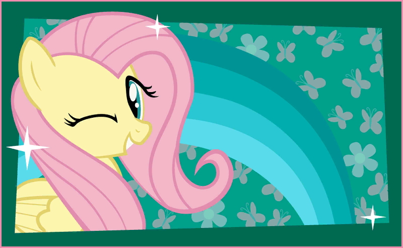 Size: 844x520 | Tagged: safe, fluttershy, pegasus, pony, female, friendship celebration, green eyes, grin, image, looking at you, mare, one eye closed, pink mane, png, postcard, smiling, solo, sparkles, wink, winking at you, yellow coat