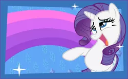 Size: 844x520 | Tagged: safe, rarity, pony, unicorn, ahegao, bedroom eyes, blue eyes, blue eyeshadow, cutie mark, eyeshadow, female, friendship celebration, image, looking up, makeup, mare, open mouth, png, postcard, purple mane, purple tail, raised hoof, solo, sparkles, tongue out, white coat