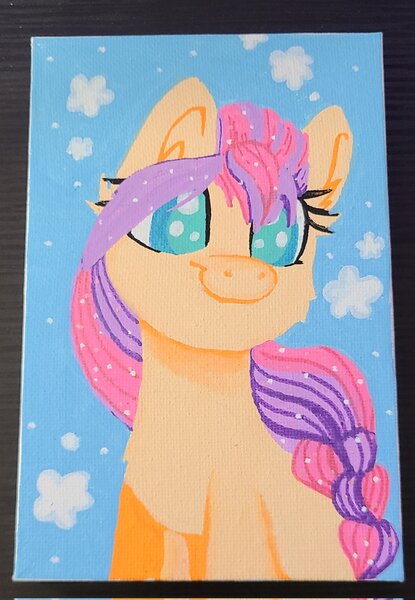 Size: 1417x2048 | Tagged: safe, artist:littleblackraencloud, derpibooru import, sunny starscout, earth pony, pony, colored pupils, cute, female, g5, image, jpeg, mare, smiling, solo, sparkles, stars, sunnybetes, traditional art