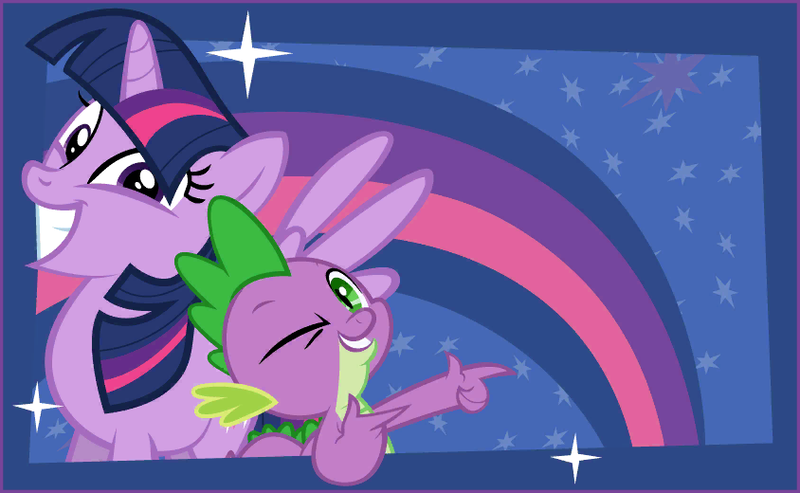 Size: 844x520 | Tagged: safe, spike, twilight sparkle, twilight sparkle (alicorn), alicorn, dragon, pony, duo, female, friendship celebration, grin, hand gesture, image, looking at you, male, mare, multicolored mane, multicolored tail, one eye closed, png, postcard, purple coat, purple eyes, rainbow, rainbow background, smiling, smiling at you, sparkles, spread wings, wide smile, wings, wink, winking at you