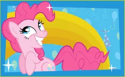 Size: 844x520 | Tagged: safe, pinkie pie, earth pony, pony, balloon, biting, blue eyes, female, friendship celebration, grin, hat, image, looking up, mare, party hat, pink coat, pink mane, pink tail, png, postcard, rainbow, rainbow background, raised hoof, raised hooves, smiling, solo, sparkles, tongue bite, wide smile