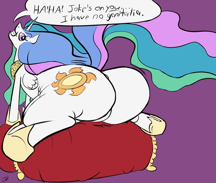Size: 1000x850 | Tagged: questionable, artist:zoomboomerz, derpibooru import, edit, princess celestia, alicorn, pony, anus, butt, butt jiggle, fat, featureless crotch, female, grin, huge butt, image, impossibly large butt, jiggle, large butt, looking back, lying down, mare, nudity, pillow, plot, png, prone, purple background, raised tail, sillestia, silly, simple background, smiling, solo, solo female, squee, sunbutt, tail, the ass was fat, trollestia