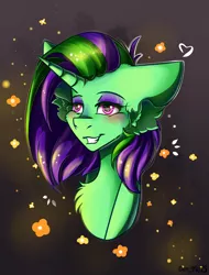 Size: 1980x2604 | Tagged: safe, artist:yuris, derpibooru import, oc, oc:stoney kush, unofficial characters only, pony, unicorn, bust, commission, cute, female, green skin, image, pink eyes, png, portrait, simple background, smiling, solo, solo female