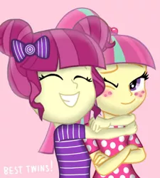 Size: 638x709 | Tagged: safe, artist:suzanflour508, derpibooru import, majorette, sour sweet, sweeten sour, equestria girls, female, hug, image, jpeg, long lost twins, siblings, sisters, sweetly and sourly, twin sisters, twins