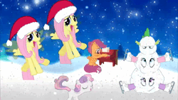 Size: 1280x720 | Tagged: safe, artist:smoothie belle, derpibooru import, fluttershy, pinkie pie, scootaloo, spike, sweetie belle, twilight sparkle, dragon, earth pony, pegasus, pony, unicorn, 2012, animated, christmas, eyes closed, female, filly, flying, foal, frosty the snowman, hat, holiday, horn, ice skates, image, looking down, looking up, male, mare, musical instrument, night, piano, santa hat, singing, sitting, smiling, snow, snowman, song, sound, spike is not amused, spread wings, stars, tree, unamused, unicorn twilight, webm, wings, winter, ytpmv