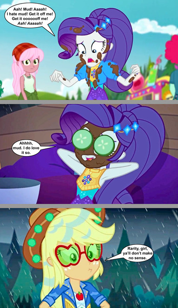 Size: 2193x3790 | Tagged: safe, artist:silverbuller, derpibooru import, edit, edited screencap, screencap, applejack, rarity, inclement leather, comic, image, jpeg, mud mask, screencap comic