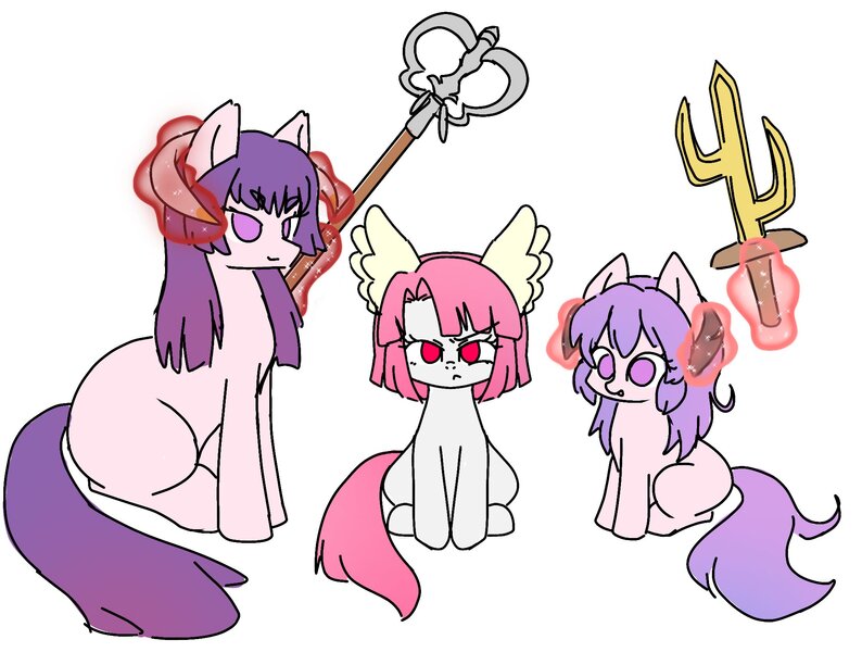 Size: 2006x1515 | Tagged: safe, artist:namaenonaipony, derpibooru import, ponified, pony, anime, female, higurashi no naku koro ni, horns, image, jpeg, magic, magic aura, no pupils, simple background, sitting, telekinesis, trio, trio female, weapon, white background