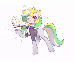 Size: 725x601 | Tagged: safe, artist:dreamsugar, derpibooru import, oc, unofficial characters only, pony, unicorn, book, bowtie, clothes, commission, eye clipping through hair, glow, glowing horn, horn, image, jpeg, looking at you, magic, magic aura, one eye closed, simple background, solo, spread wings, telekinesis, white background, wings, wink, winking at you