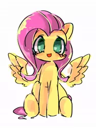 Size: 768x1024 | Tagged: safe, artist:pnpn_721, derpibooru import, fluttershy, pegasus, pony, cute, female, image, jpeg, looking at you, mare, open mouth, open smile, shyabetes, simple background, sitting, smiling, smiling at you, solo, spread wings, underhoof, white background, wings