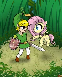 Size: 1280x1589 | Tagged: safe, artist:lennondash, derpibooru import, fluttershy, pegasus, pony, my little pony: pony life, crossover, duo, ezlo, female, flying, grass, grin, image, jpeg, link, looking at each other, looking at someone, male, mare, open mouth, shield, smiling, sword, the legend of zelda, the legend of zelda: the minish cap, toon link, weapon
