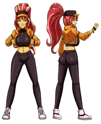 Size: 2912x3564 | Tagged: suggestive, artist:artemis-polara, derpibooru import, sunset shimmer, equestria girls, alternate hairstyle, belly button, big breasts, breasts, bunset shimmer, busty sunset shimmer, butt, cap, clothes, ear piercing, earring, geode of empathy, hat, image, jacket, jewelry, magical geodes, meme, piercing, png, ponytail, shoes, simple background, solo, the ass was fat, tight clothing, transparent background