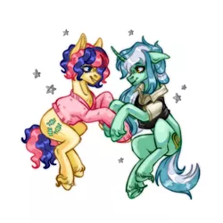 Size: 1280x1280 | Tagged: safe, artist:gowguo, derpibooru import, bon bon, lyra heartstrings, sweetie drops, earth pony, pony, unicorn, alternate hairstyle, clothes, duo, female, holding hooves, image, lesbian, looking at each other, looking at someone, lyrabon, mare, png, shipping, simple background, stars, sweater, unshorn fetlocks, vest, white background