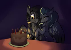 Size: 4745x3351 | Tagged: safe, artist:arume_lux, derpibooru import, oc, oc:arkessa, oc:eldin, unofficial characters only, pegasus, pony, birthday cake, cake, candle, fangs, female, food, image, male, mare, png, stallion
