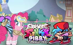 Size: 550x340 | Tagged: safe, artist:jakeneutron, derpibooru import, pinkie pie, earth pony, human, pony, bag, bandage, boyfriend, cap, clothes, corrupted, crossover, error, female, friday night funkin', glitch, goggles, hair bun, hat, image, jpeg, male, mare, microphone, pants, pibby, pony ride, ponyville, riding a pony, saddle bag, scarf, shirt, shoes, smiling, socks