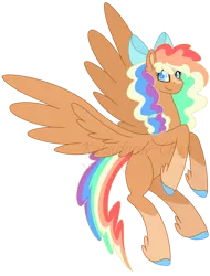Size: 600x788 | Tagged: safe, artist:katsuforov-chan, derpibooru import, oc, oc:honey gold, unofficial characters only, pegasus, blaze (coat marking), bow, coat markings, colored pupils, facial markings, feathered fetlocks, freckles, hair bow, hooves, image, magical lesbian spawn, multicolored hair, next generation, offspring, parent:applejack, parent:rainbow dash, parents:appledash, png, rainbow hair, simple background, smiling, socks (coat marking), solo, transparent background, watermark