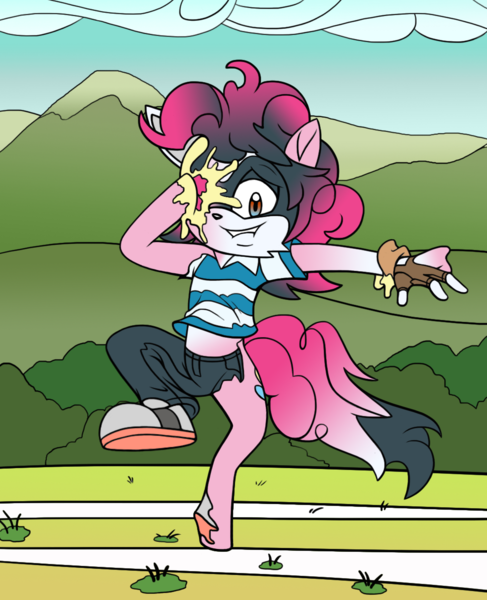 Size: 1030x1269 | Tagged: safe, artist:foxbeast, artist:palette-the-painter, derpibooru import, pinkie pie, oc, oc:palette painter, anthro, earth pony, pony, tanooki, buckball season, anthro to pony, buckball field, bush, clothes, clothing damage, cupcake, female, field, food, furry, furry oc, furry to pony, gloves, grass, image, male, male to female, mountain, pants, png, raccoon dog, rule 63, shirt, shoes, solo, transformation, transgender transformation