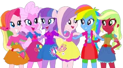 Size: 1023x566 | Tagged: safe, artist:03daimond24, artist:durpy, artist:kinnichi, artist:selenaede, artist:the smiling pony, derpibooru import, applejack (g3), fluttershy (g3), pinkie pie (g3), rainbow dash (g3), rarity (g3), twilight twinkle, human, equestria girls, base used, belt, bowtie, bracelet, clothes, cutie mark, cutie mark on clothes, equestria girls-ified, g3, g3 to equestria girls, g3 to g4, g4, generation leap, hand on hip, hand on shoulder, image, jacket, jewelry, png, shirt, simple background, skirt, smiling, tanktop, transparent background