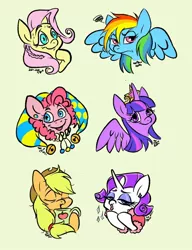 Size: 786x1024 | Tagged: safe, artist:ilcerbiastrello, derpibooru import, applejack, fluttershy, pinkie pie, rainbow dash, rarity, twilight sparkle, twilight sparkle (alicorn), alicorn, earth pony, pegasus, pony, unicorn, bed mane, big crown thingy, bust, element of magic, green background, hat, image, jester hat, jewelry, jpeg, kissy face, mane six, morning ponies, mug, regalia, simple background, sweat