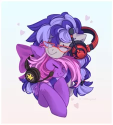 Size: 1188x1312 | Tagged: safe, artist:whiteliar, derpibooru import, oc, oc:cinnabyte, oc:lillybit, bandana, bow, clothes, commission, gaming headphones, gaming headset, headphones, headset, image, png, ribbon, shipping, smiling, socks, striped socks, your character here