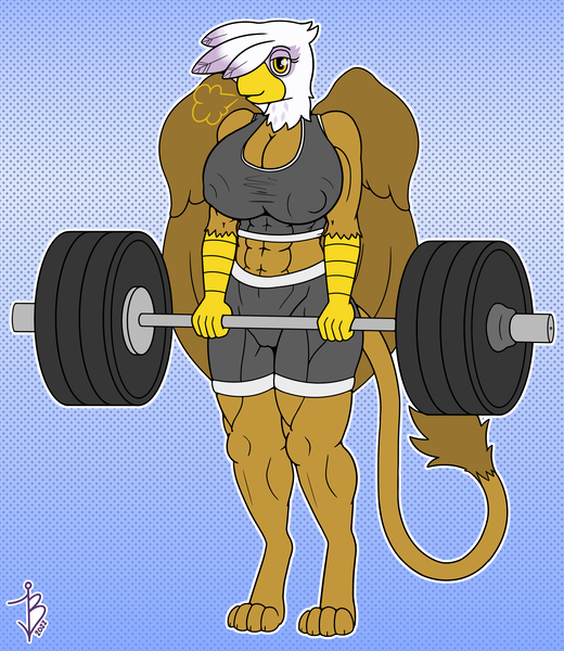 Size: 2600x3000 | Tagged: questionable, artist:jbgryph, derpibooru import, gilda, anthro, abs, breasts, busty gilda, cameltoe, clothes, compression shorts, deadlift, erect nipples, female, image, muscles, muscular female, nipple outline, png, rippda, signature, solo, solo female, sports bra, weight lifting, weights, workout