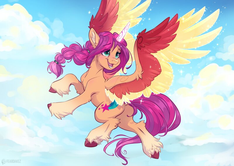 Size: 3508x2480 | Tagged: safe, artist:kez, derpibooru import, sunny starscout, alicorn, pony, my little pony: a new generation, braid, chest fluff, cloud, cute, ear fluff, female, flying, g5, glow, glowing horn, glowing wings, happy, horn, image, jpeg, mare, open mouth, open smile, race swap, sky, smiling, solo, spread wings, sunnybetes, sunnycorn, unshorn fetlocks, wings