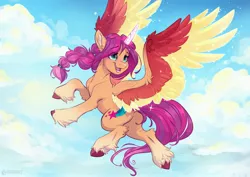 Size: 3508x2480 | Tagged: safe, artist:kez, derpibooru import, sunny starscout, alicorn, pony, my little pony: a new generation, braid, chest fluff, cloud, cute, ear fluff, female, flying, g5, glow, glowing horn, glowing wings, happy, horn, image, jpeg, mare, open mouth, open smile, race swap, sky, smiling, solo, spread wings, sunnybetes, sunnycorn, unshorn fetlocks, wings
