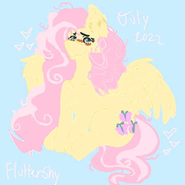 Size: 800x800 | Tagged: safe, artist:cattlv, derpibooru import, fluttershy, pegasus, pony, 2022, blue background, blushing, female, heart, image, long mane, mare, png, simple background, sitting, smiling, solo