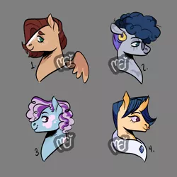 Size: 1600x1600 | Tagged: safe, artist:moddiimi, derpibooru import, oc, unnamed oc, unofficial characters only, changepony, earth pony, hybrid, pegasus, pony, unicorn, zony, bust, ear piercing, earring, female, gray background, image, interspecies offspring, jewelry, magical lesbian spawn, male, mare, nose piercing, nose ring, offspring, parent:big macintosh, parent:fluttershy, parent:party favor, parent:pinkie pie, parent:princess luna, parent:rarity, parent:thorax, parent:zecora, parents:fluttermac, parents:lucora, parents:partypie, parents:rarax, piercing, png, simple background, stallion, watermark