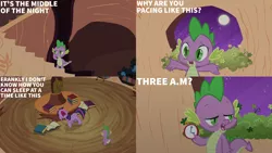 Size: 1280x720 | Tagged: safe, derpibooru import, edit, edited screencap, editor:quoterific, screencap, spike, twilight sparkle, dragon, pony, unicorn, it's about time, season 2, clock, duo, duo male and female, female, floppy ears, golden oaks library, image, jpeg, library, male, mare, night, nose in the air, open mouth, text, unicorn twilight