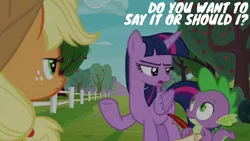 Size: 1280x720 | Tagged: safe, derpibooru import, edit, edited screencap, editor:quoterific, screencap, applejack, spike, twilight sparkle, twilight sparkle (alicorn), alicorn, dragon, earth pony, pony, ppov, season 6, apple, applejack's hat, cowboy hat, female, food, hat, image, jpeg, male, mare, open mouth, text, tree, trio