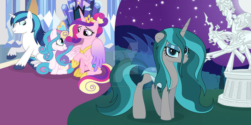 Size: 1024x513 | Tagged: safe, artist:velveagicsentryyt, derpibooru import, cozy glow, lord tirek, princess cadance, princess flurry heart, queen chrysalis, shining armor, oc, oc:shadow, changepony, hybrid, pony, image, interspecies offspring, jpeg, offspring, older, parent:queen chrysalis, parent:shining armor, parents:shining chrysalis, statue