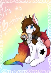 Size: 1423x2048 | Tagged: safe, artist:mscolorsplash, derpibooru import, oc, oc:color splash, unofficial characters only, pegasus, pony, blushing, duo, female, happy birthday, image, mare, non-mlp oc, open mouth, png, scruff, sitting